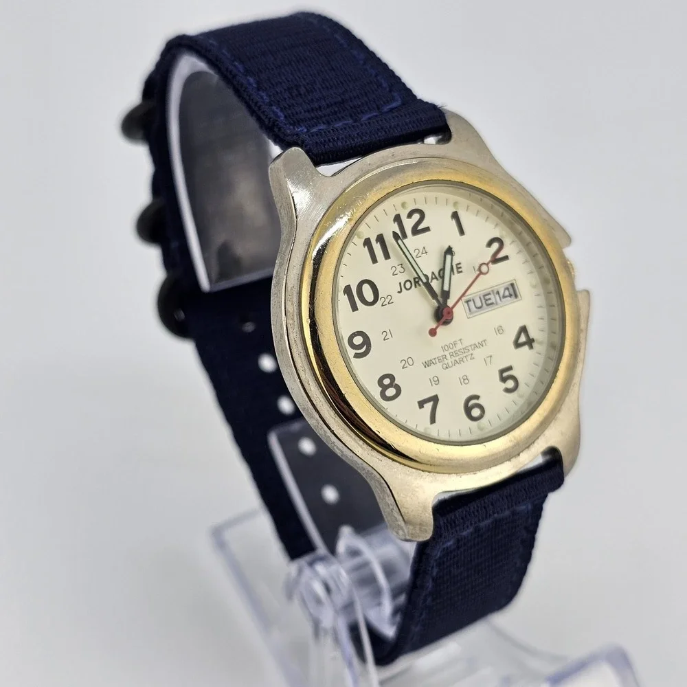 VTG Jordache Unisex‎ Watch 38MM Cream Dial DayDate NEW Blue Nylon Bands Battery